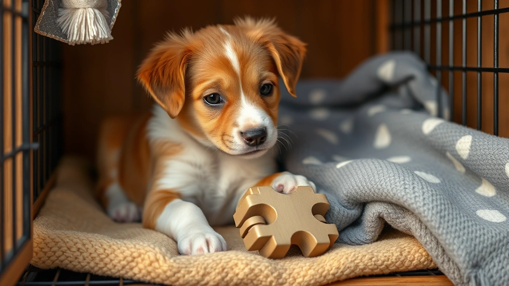 how long can a dog stay alone -
photorealistic style: puppy playing with puzzle toy in comfortable dog crate li