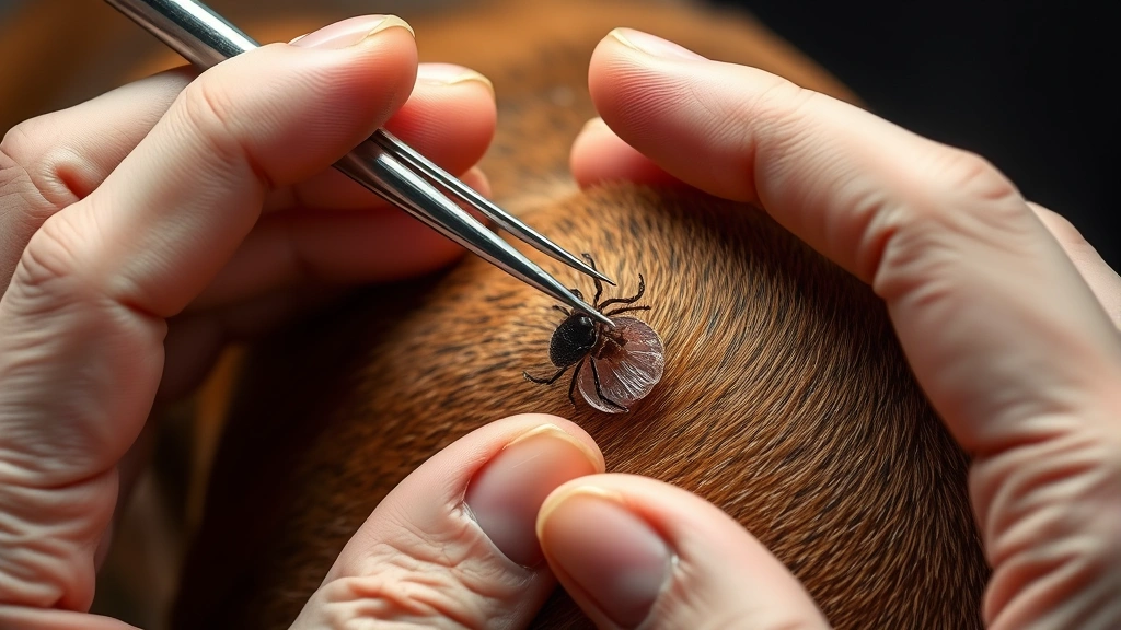 how long can a tick live on a dog -
Photorealistic image of hands using fine-tipped tweezers to carefully remove a 