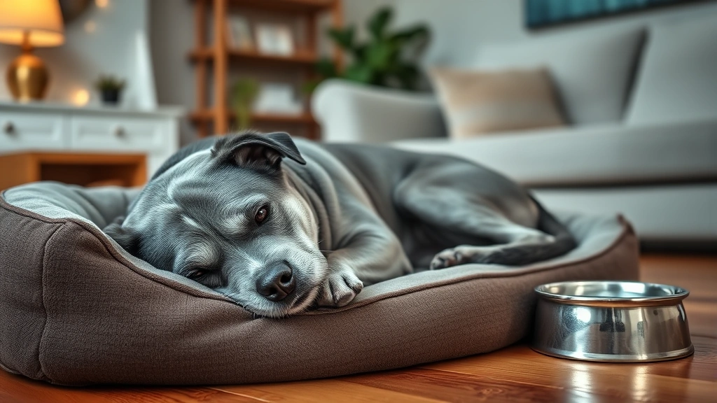 how long can dog go without food -
Photorealistic image of a senior gray-muzzled dog resting peacefully on a comfo