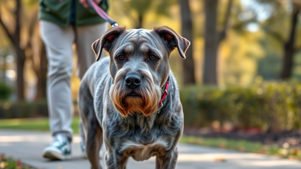 how long can dog hold bladder -
Photorealistic image of a senior gray-muzzled dog being walked on a leash by an
