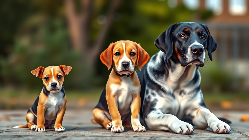 how long do dogs eat puppy food -
Photorealistic image of three puppies of different sizes (small chihuahua, medi
