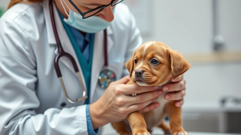 how long do dogs eat puppy food -
Photorealistic image of a veterinarian examining a growing puppy during a check
