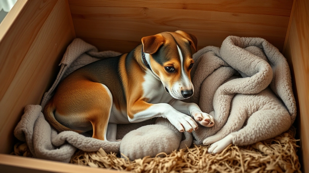 how long do dogs stay pregnant -
Pregnant dog in nesting behavior, pawing at blankets and bedding in a whelping 