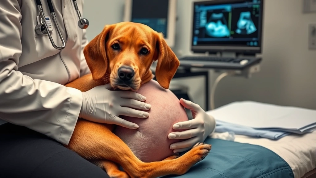 how long do dogs stay pregnant -
Pregnant dog at veterinary clinic during ultrasound examination, vet performing