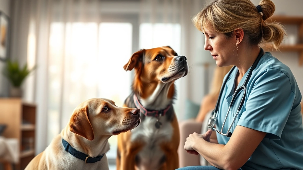 how long do dogs stay stuck -
Photorealistic image of concerned dog owner in home setting looking at two dogs