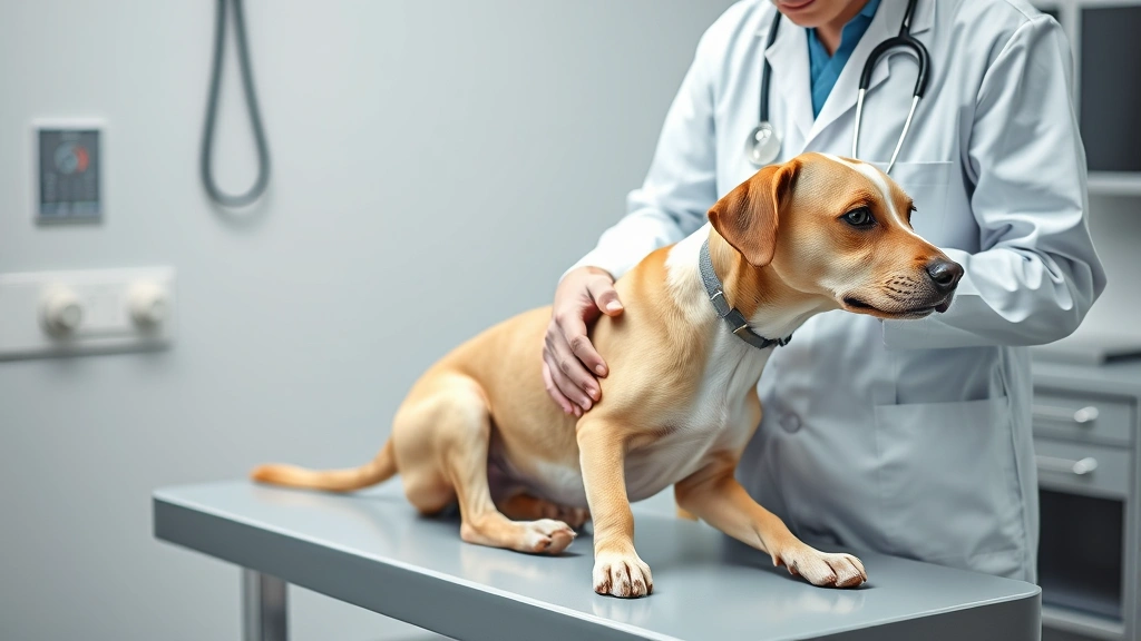 how long do dogs stay stuck -
Photorealistic veterinary examination scene with female dog on examination tabl