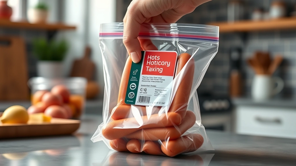 how long do hot dogs last in the refrigerator -
Photorealistic close-up of a hand holding a hot dog package being placed into a