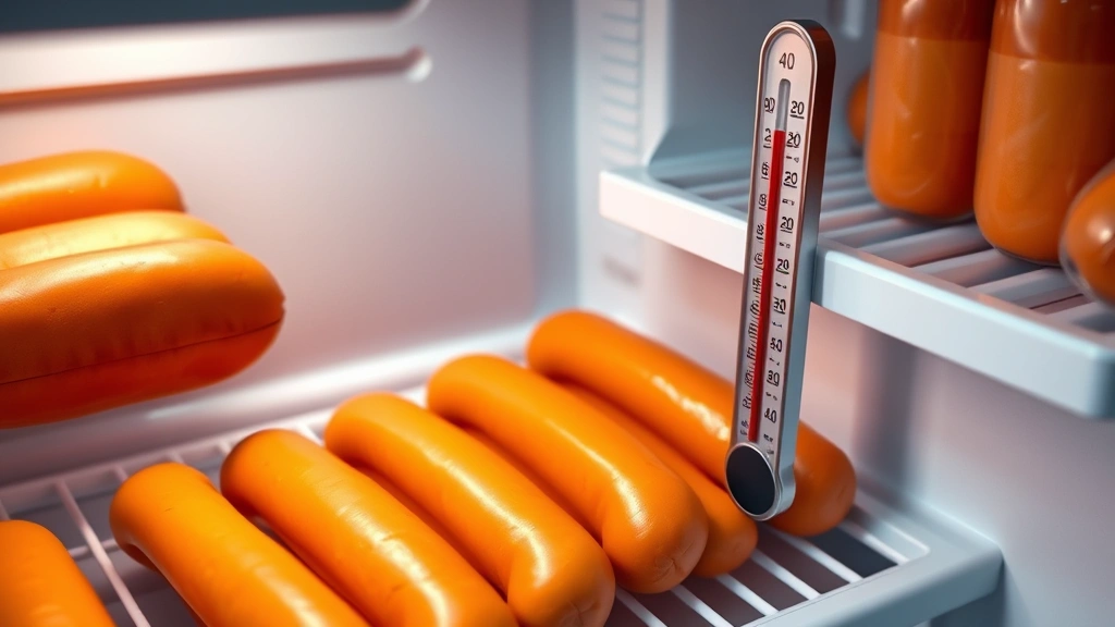how long do hot dogs last in the refrigerator -
Photorealistic image of a refrigerator thermometer showing 40 degrees Fahrenhei