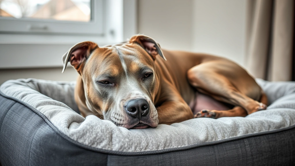 how long do pitbull dogs live -
Senior pit bull resting on orthopedic dog bed near a window, gray muzzle, peace