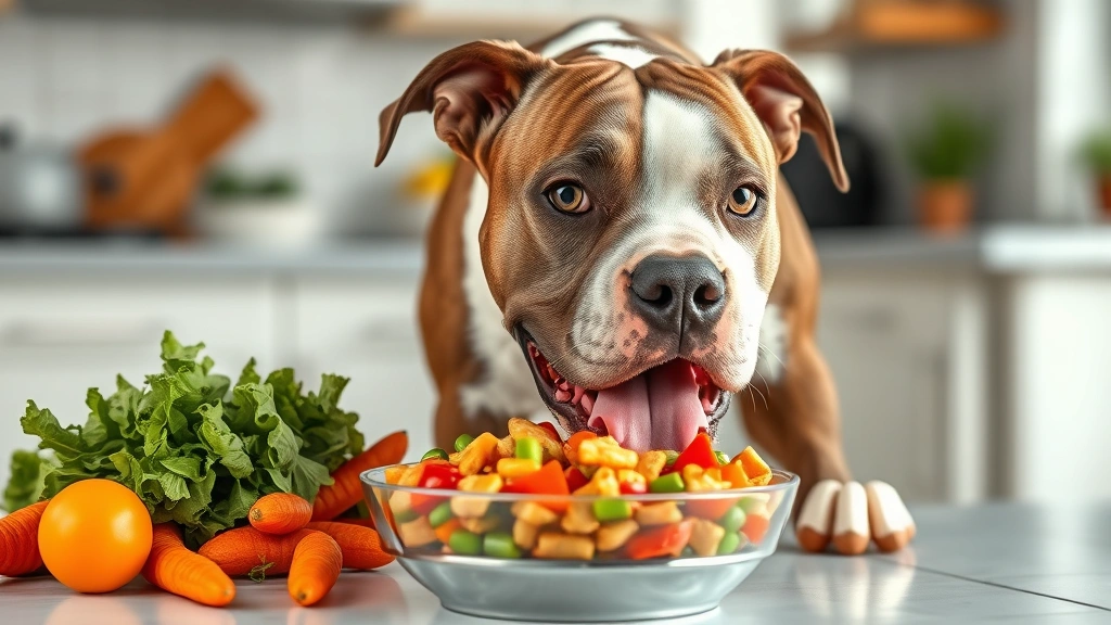 how long do pitbull dogs live -
Pit bull eating from a bowl of high-quality dog food with fresh vegetables near