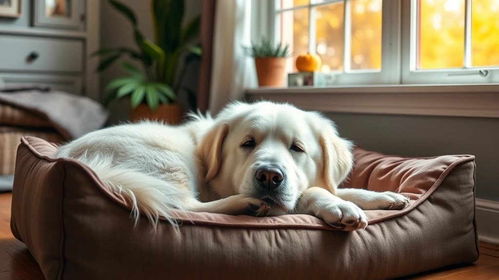 how long do pyrenees dogs live -
photorealistic style, senior Great Pyrenees dog relaxing on an orthopedic dog b