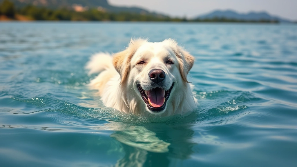how long do pyrenees dogs live -
photorealistic style, Great Pyrenees dog swimming in calm blue water, happy exp