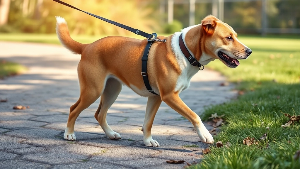 how long does dysphoria last in dogs after surgery -
Photorealistic image of a dog slowly walking on a leash outdoors during early r