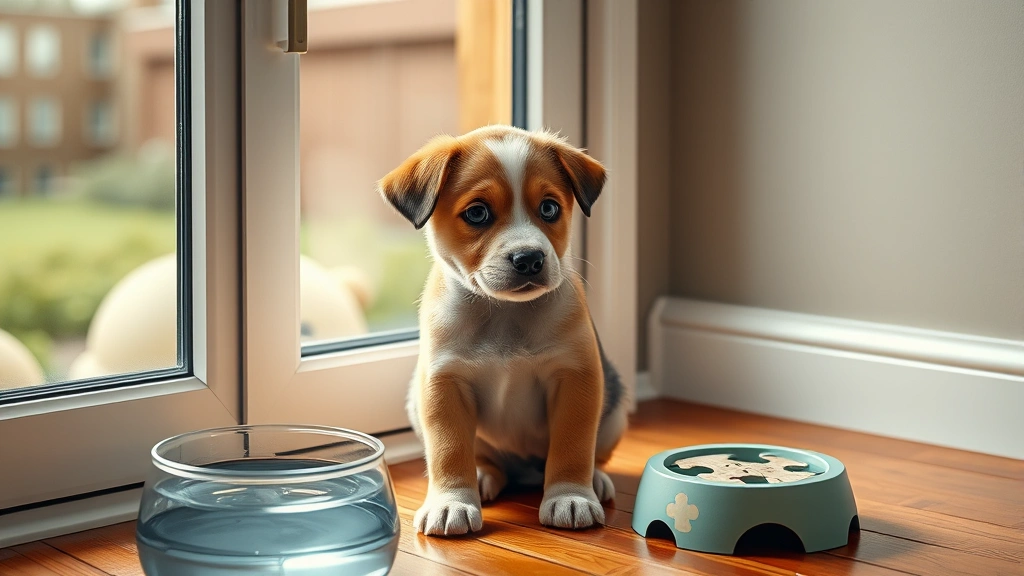 how long should you leave a dog alone -
Photorealistic image of a young puppy looking out a window with a slightly worr