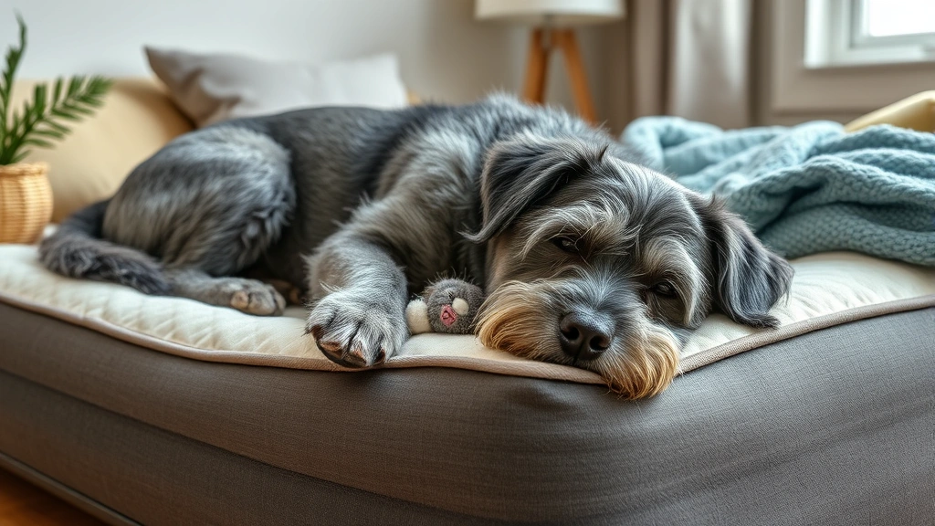 how long should you leave a dog alone -
Photorealistic image of a senior gray-muzzled dog napping on an orthopedic bed 