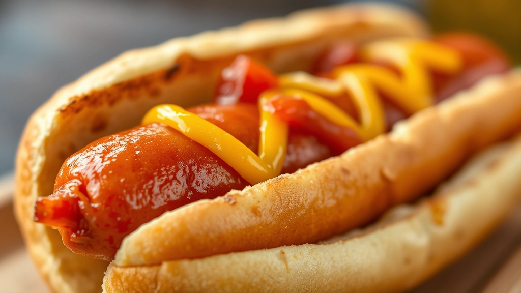 how long to air fry a hot dog -
Photorealistic close-up of a perfectly cooked hot dog in a toasted bun with top