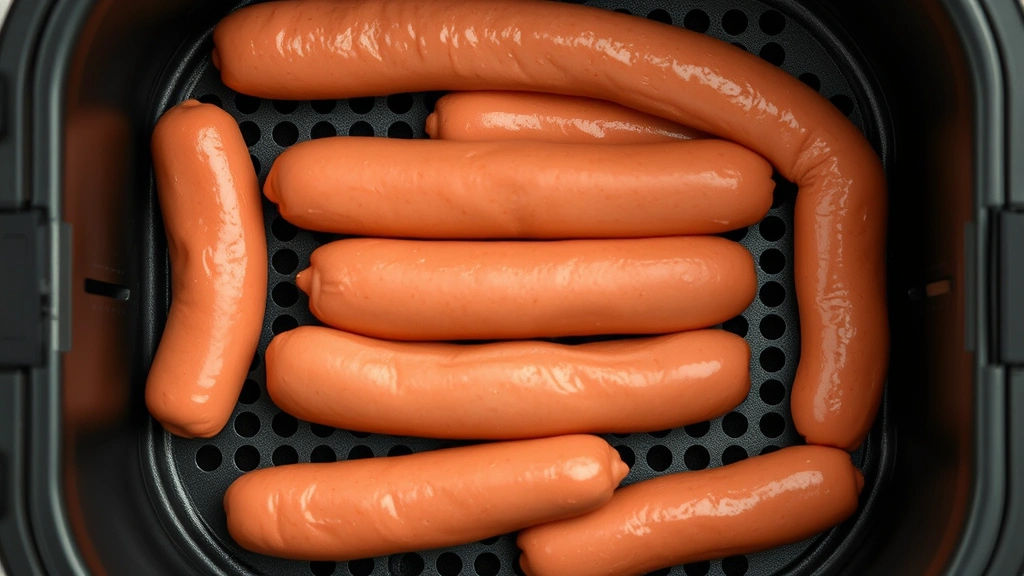 how long to air fry a hot dog -
Photorealistic overhead shot of multiple hot dogs arranged in a single layer in