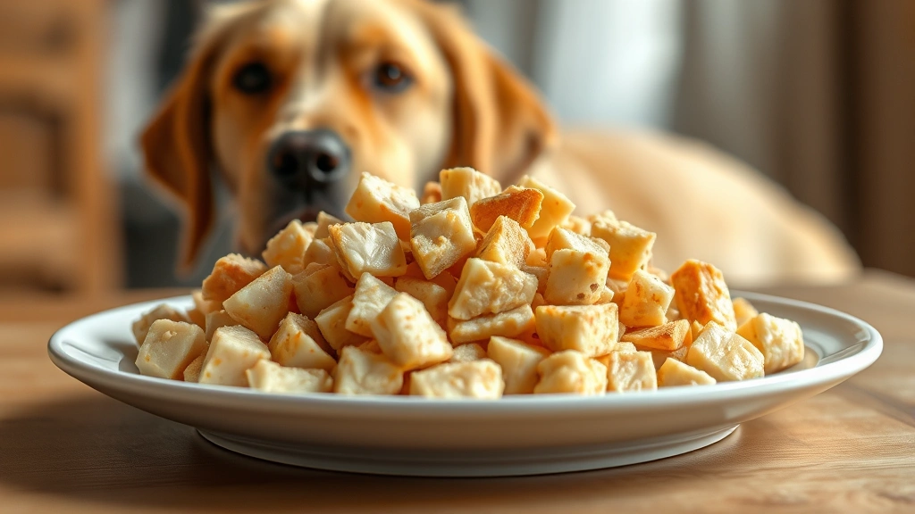 how long to boil chicken for dog -
Photorealistic image of cooked diced boiled chicken cooling on a white plate, w