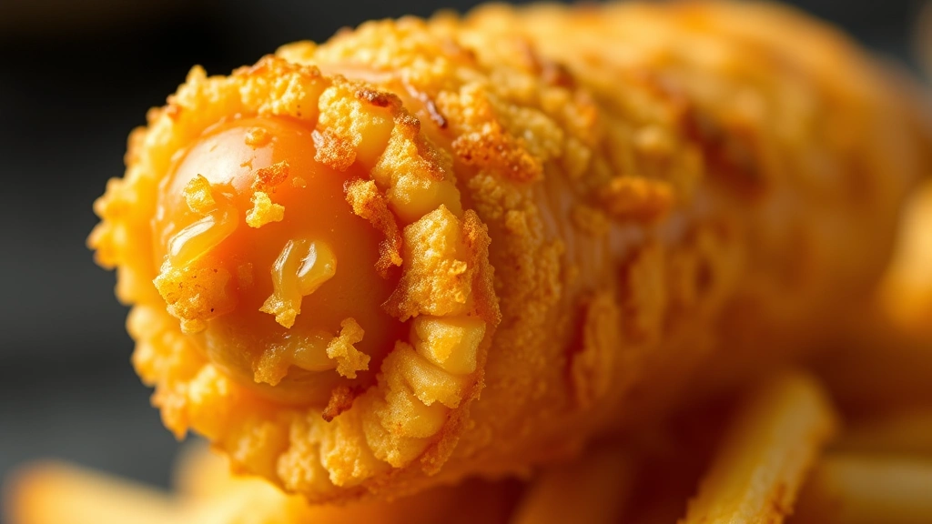 how long to cook frozen corn dogs in air fryer -
Photorealistic close-up of a perfectly cooked corn dog with crispy golden bread
