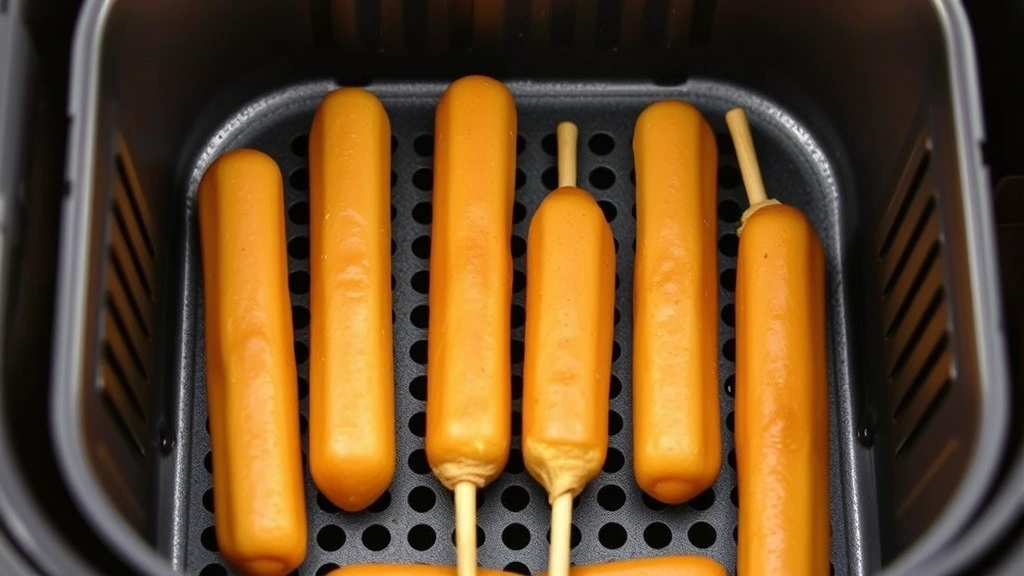 how long to cook frozen corn dogs in air fryer -
Photorealistic image of multiple corn dogs arranged in a single layer inside an