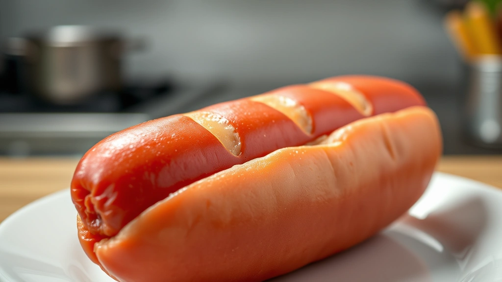 how long to cook hot dogs in microwave -
Photorealistic close-up of a raw hot dog with three diagonal slits cut into the