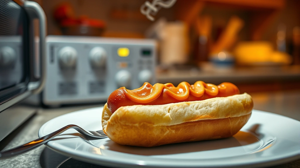 how long to cook hot dogs in microwave -
Photorealistic image of a steaming hot dog fresh from the microwave on a plate 