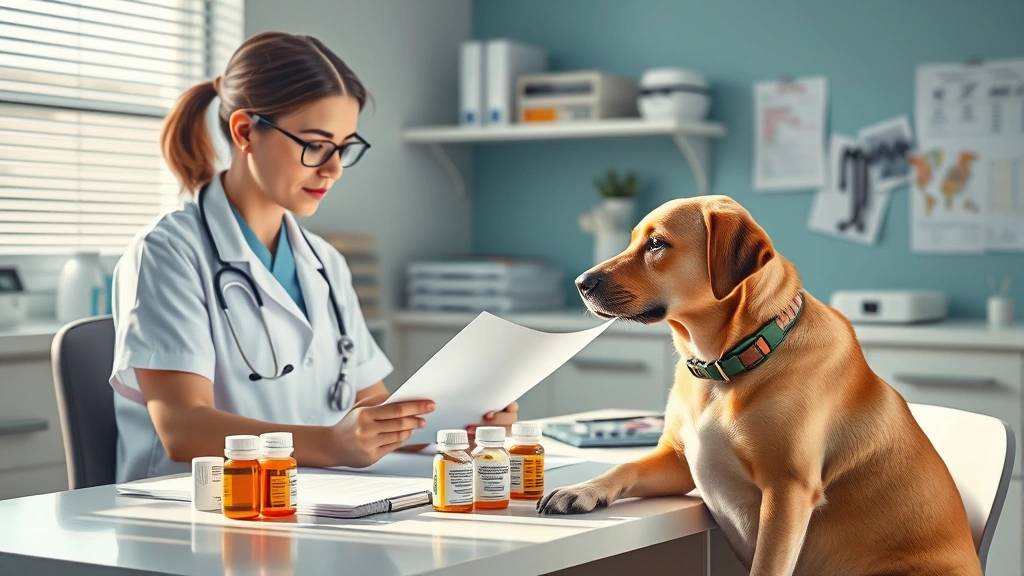 how many benadryl can i give to my dog -
Photorealistic image of a veterinarian reviewing medical charts and medication 