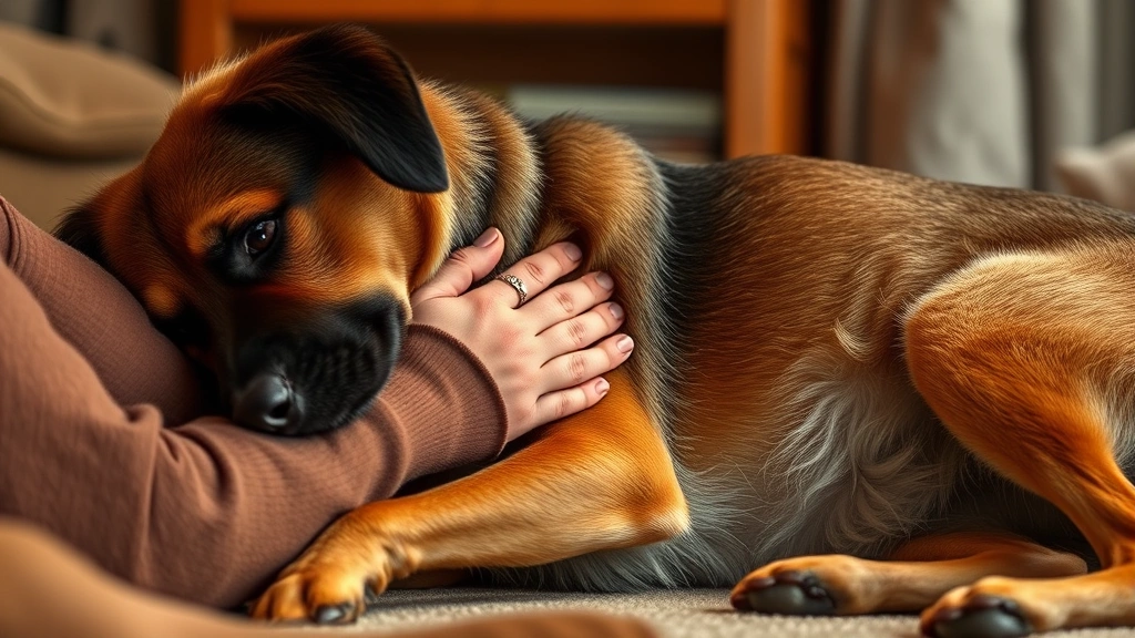 how many breaths per minute is normal for a dog -
Photorealistic image of a dog owner gently placing hand on a resting dog’