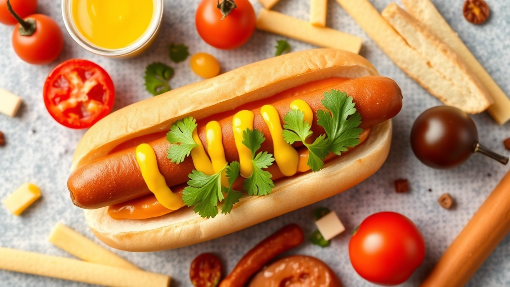 how many calories are in a costco hot dog -
Photorealistic flat lay of various hot dog toppings including mustard
