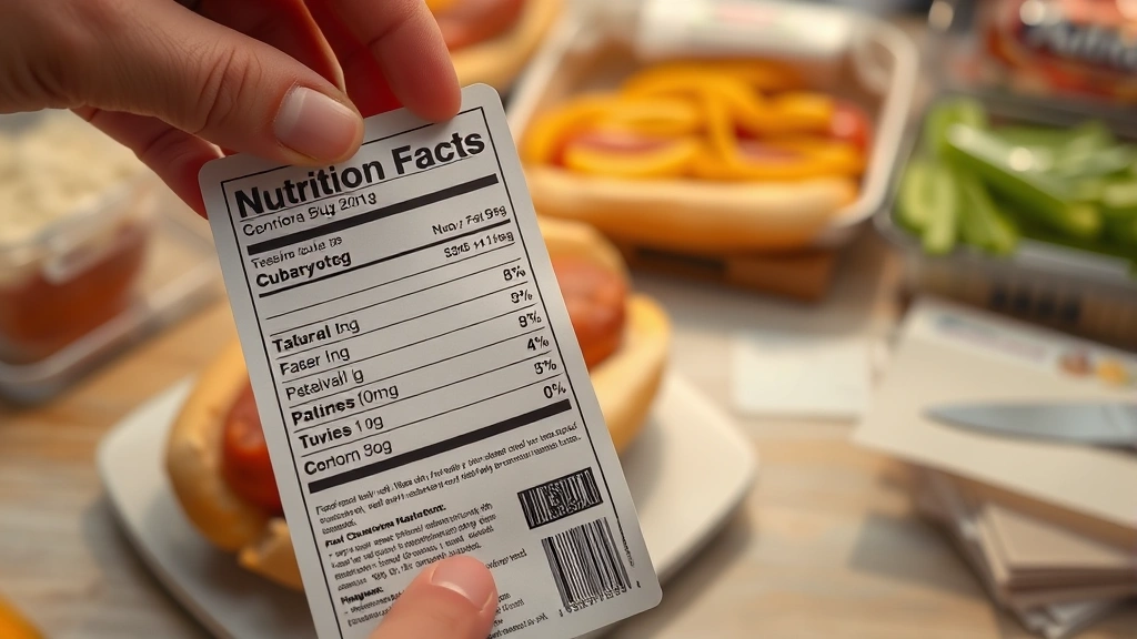 how many calories are in a costco hot dog -
Photorealistic image of a nutrition facts label being examined with a Costco ho