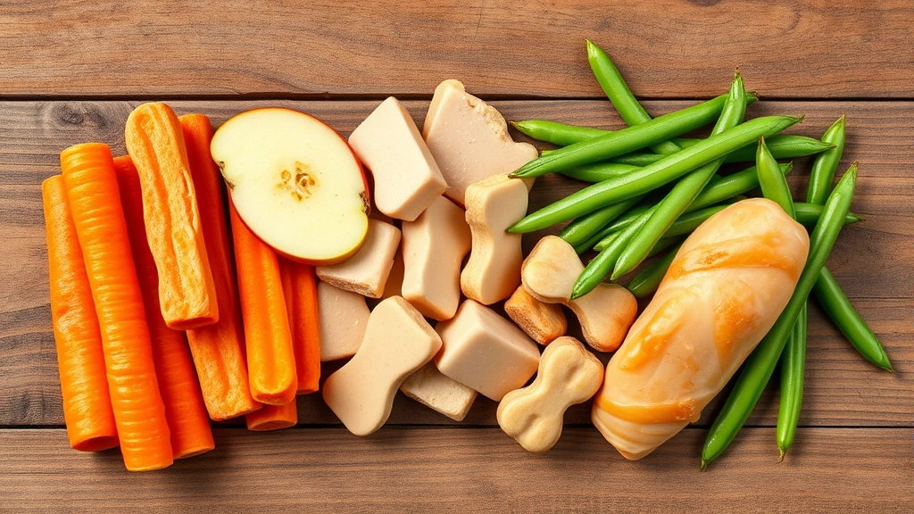 how many calories is a corn dog -
Photorealistic image of healthy dog treats arranged on a wooden surface includi