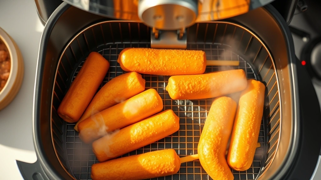 how many calories is a corn dog -
Photorealistic overhead shot of an air fryer basket containing corn dogs being 