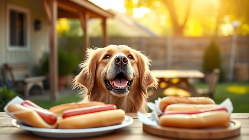 how many calories is a hot dog bun -
Photorealistic image of a happy golden retriever looking up at a picnic table w
