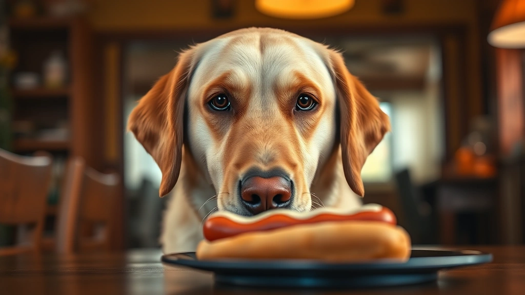 how many carbohydrates are in a hot dog -
Photorealistic image of a golden Labrador Retriever looking at a hot dog on a t