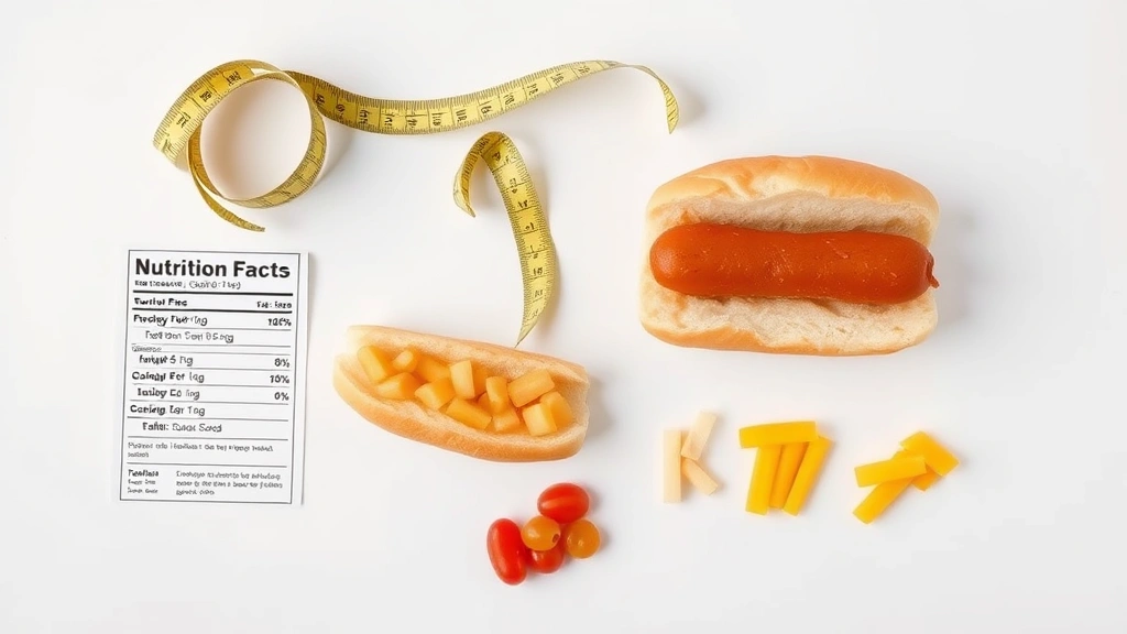 how many carbohydrates are in a hot dog -
Photorealistic flat lay of hot dog nutrition information displayed with measuri