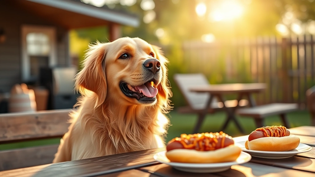 how many carbohydrates are in a hot dog bun -
Photorealistic image of a happy golden retriever sitting at a picnic table duri