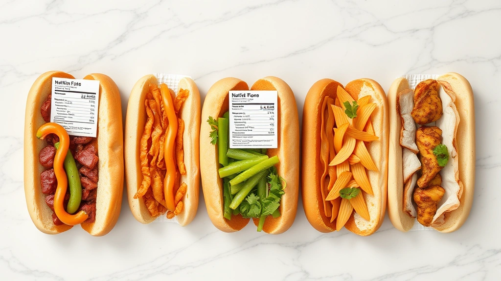 how many carbohydrates in hot dogs -
Photorealistic flat lay of various hot dog types (beef, chicken, turkey) arrang
