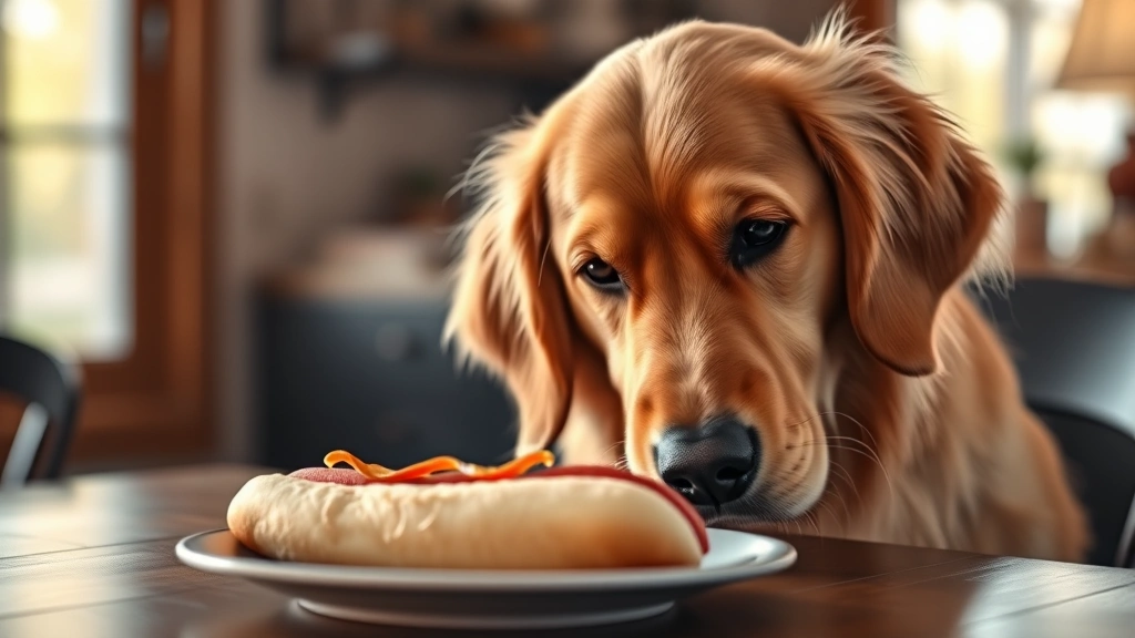 how many carbohydrates in hot dogs -
Photorealistic image of a golden retriever looking at a hot dog on a table, sel