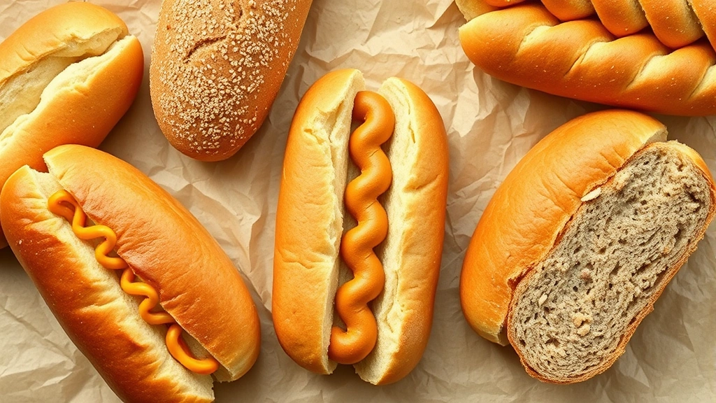 how many carbs are in hot dog buns -
Photorealistic flat lay composition of various hot dog bun types including whol