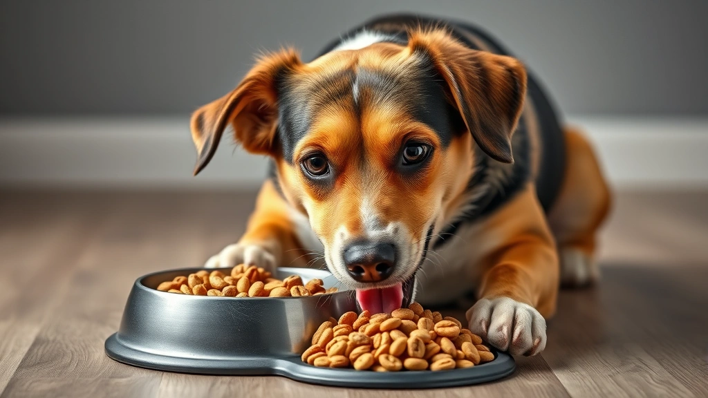 how many carbs in a hot dog bun -
Photorealistic image of a happy medium-sized dog eating from a dog bowl filled 
