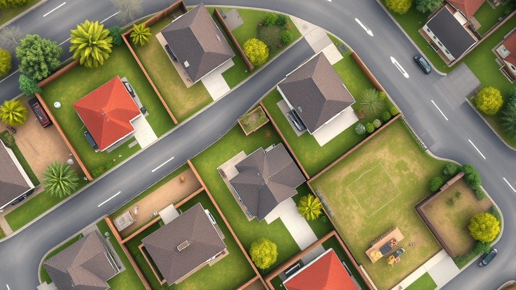 how many dogs can you have -
Photorealistic overhead view of a suburban neighborhood with various houses, sh