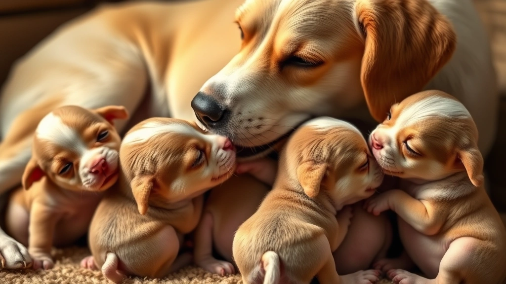 how many nipples does a dog have -
Photorealistic image of newborn puppies nursing from their mother dog, showing 