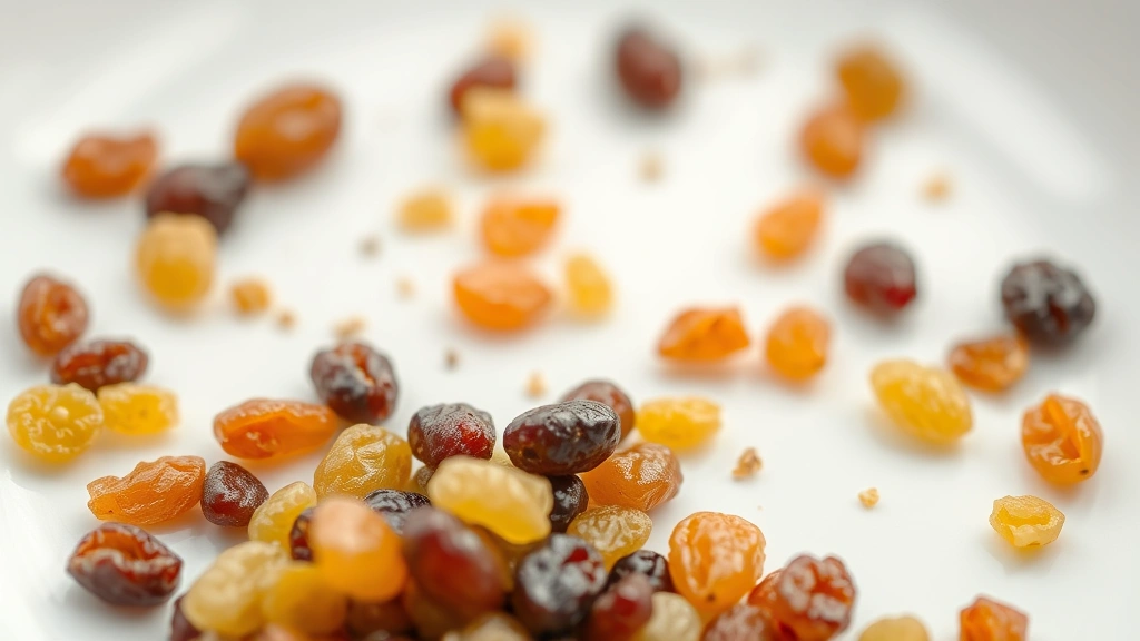 how many raisins can a dog eat -
Close-up of scattered raisins and fresh grapes mixed together on a white cerami