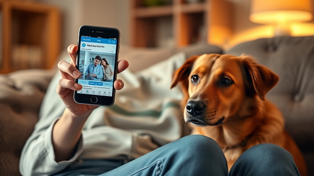 how many raisins can a dog eat -
A concerned dog owner holding a phone with a veterinary clinic on screen, sitti