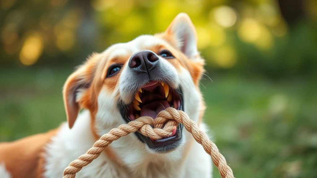 how many teeth do adult dogs have -
Photorealistic image of a dog happily chewing on a dental toy or rope toy, show
