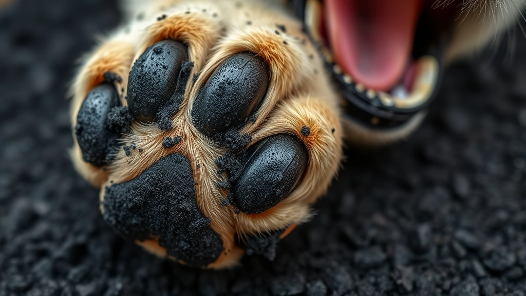 how much activated charcoal to give a dog -
Photorealistic image of a dog’s paw prints and mouth area showing black c