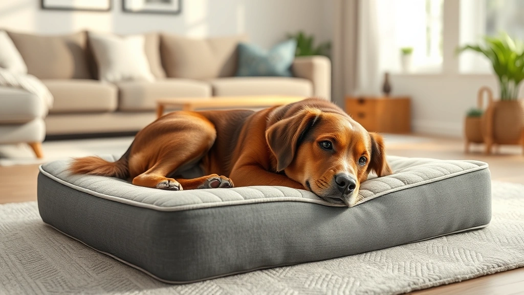 how much aspirin do i give my dog -
Photorealistic image of a dog resting on an orthopedic memory foam bed in a bri