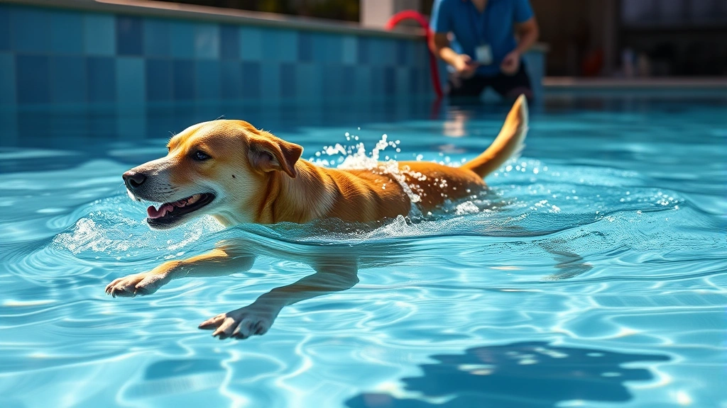 how much aspirin do i give my dog -
Photorealistic image of a dog swimming in a clear pool with a trainer nearby, d
