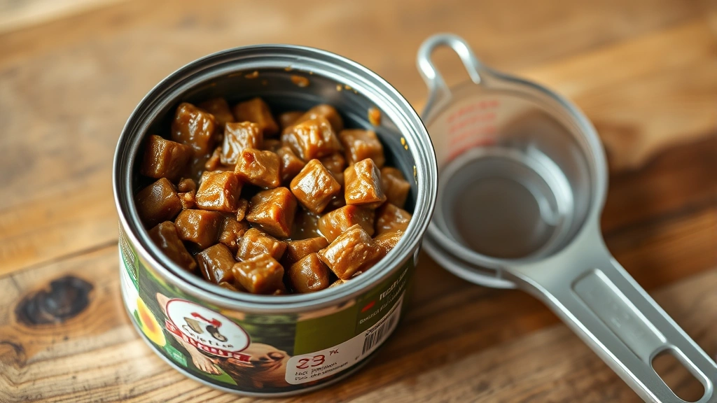 how much canned food to feed a dog -
Close-up of an open can of wet dog food showing the texture and consistency, wi