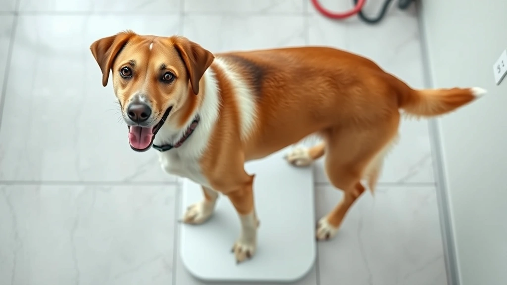 how much canned food to feed a dog -
An overhead view of a healthy adult dog standing on a scale at a veterinary cli